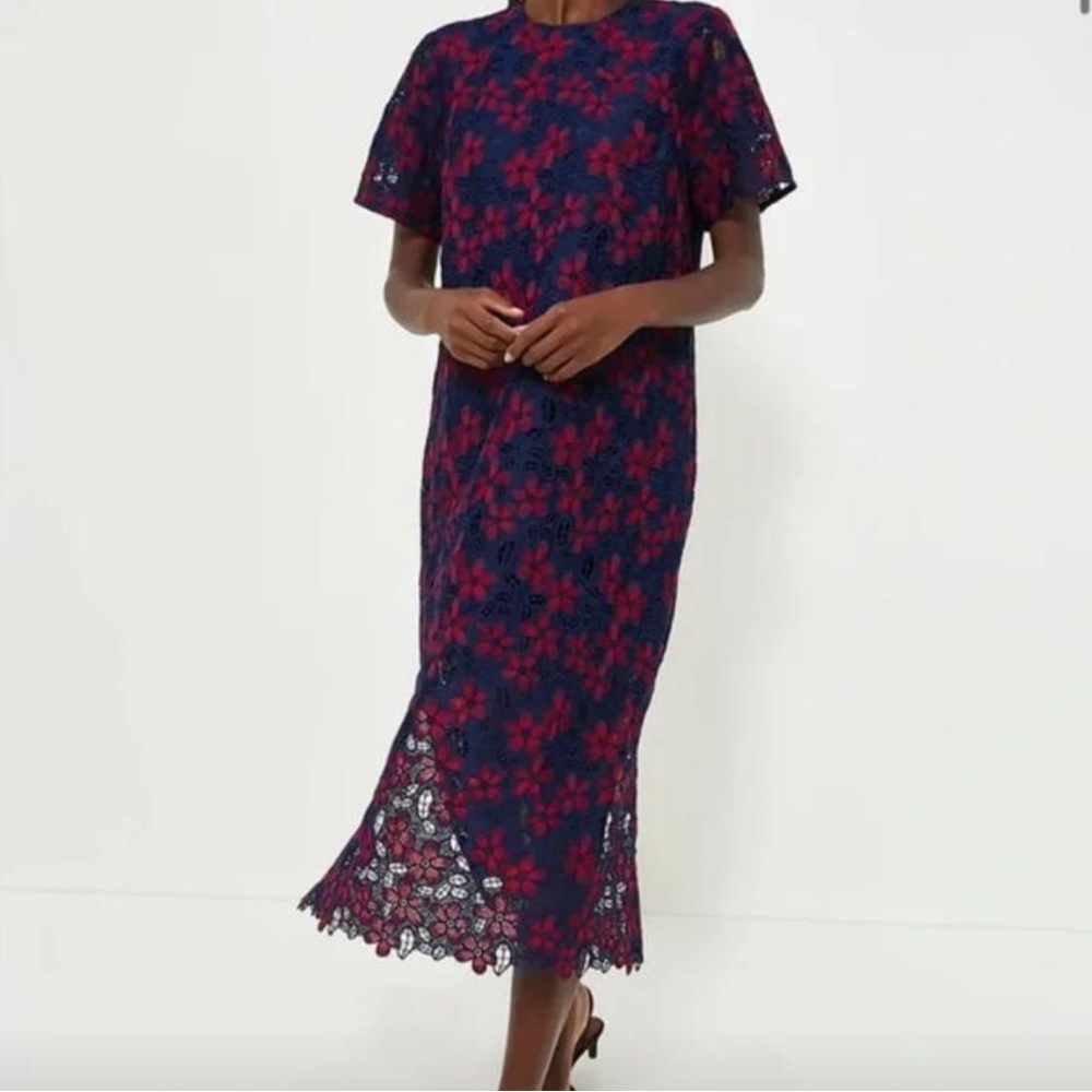 Tuckernuck Navy and Red Floral Lace Midi Dress